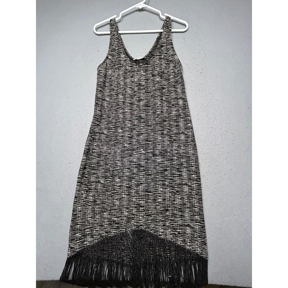 Zara Trafaluc Knit Fringe Dress Black White Metallic Large Womens